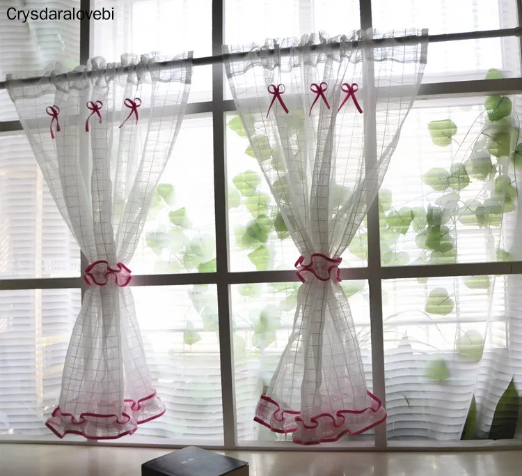 2pcs Customizable Short Tulle Curtain with Ties Pastoral Kitchen Curtains Small Sheer Curtain Drapes for Cabinet/Balcony/Window