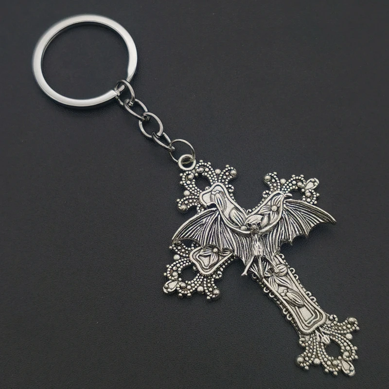 Large Bat Cross Keychains Pendant Floral Filigree Victorian Vintage Gothic Style Great Gift for Her Protection Amulet