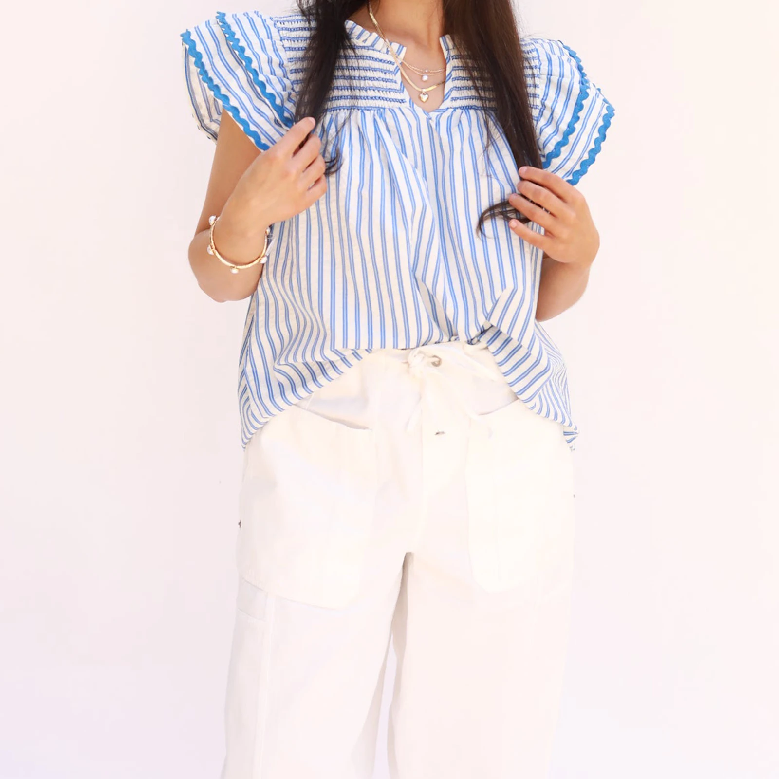 

Combhasaki Women Summer Striped Shirt Tops Ric-Rac Trim Short Ruffle Flying Sleeve V-Neck Smocked Loose Casual Blouse Streetwear