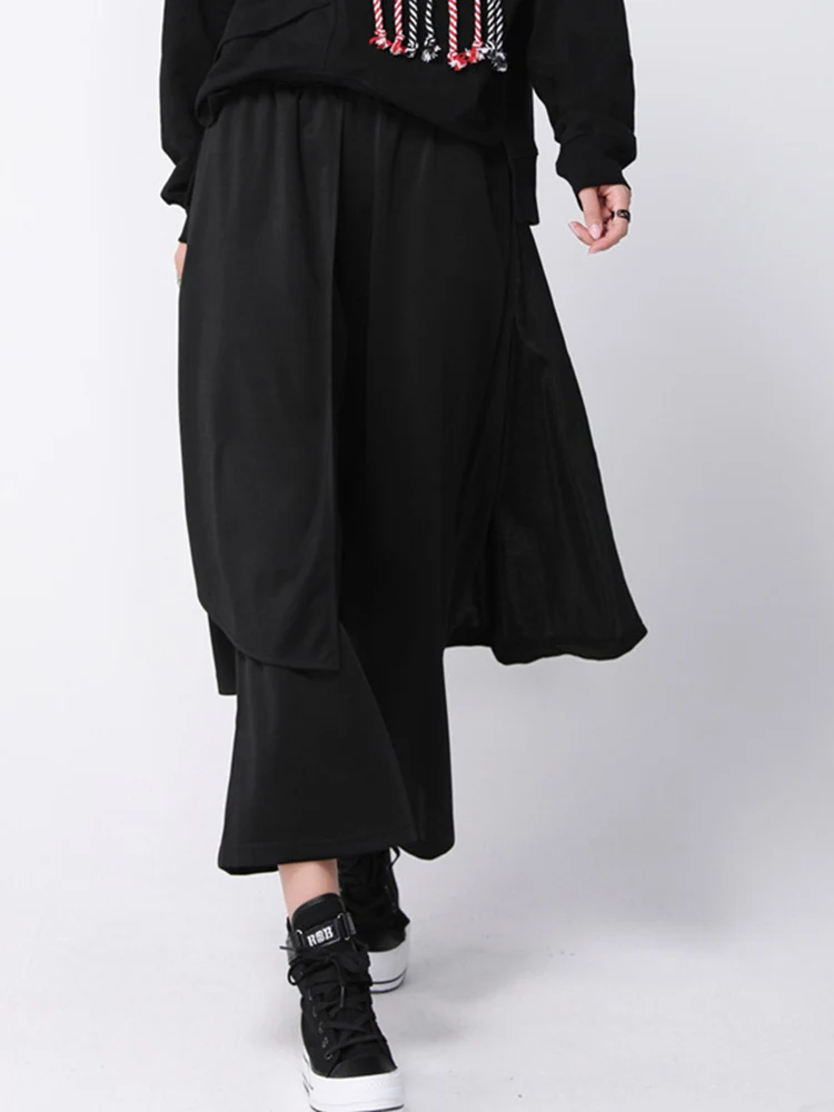 New Spring Loose Spliced High Waist Flat Women Fashion Tide Ankle-length Elastic Waist Wide Leg Pants