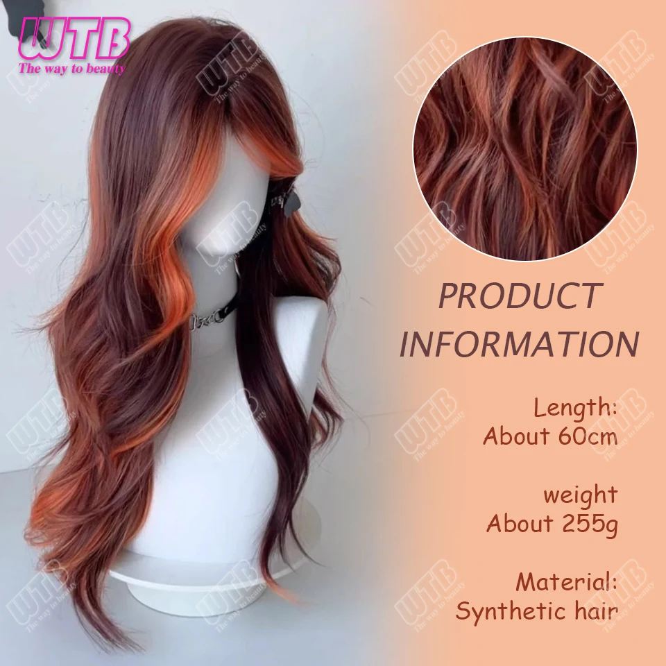 Synthetic Orange Ombre Brown Long Wavy Synthetic Wig Fluffy Lolita Cosplay Women Wig Middle Part Heat Resistant for Halloween