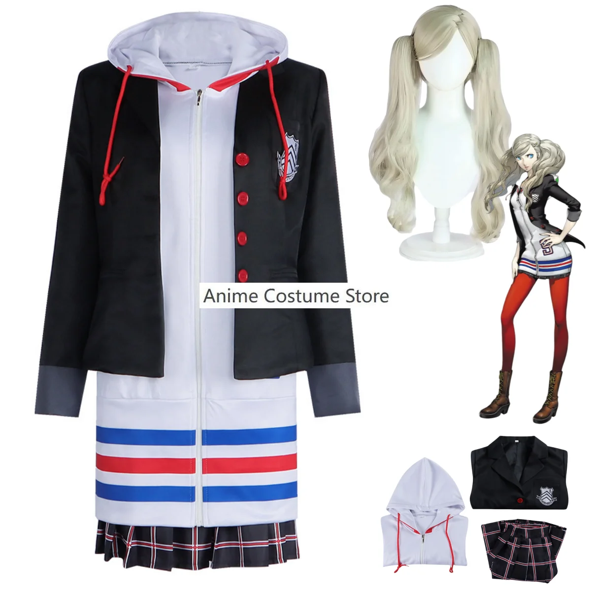 Anime Game Persona 5 Anne Takamaki Cosplay Costume P5 Panther Wig Hooded Hoodies JK School Uniforms Coat Woman Sexy Campus Suit