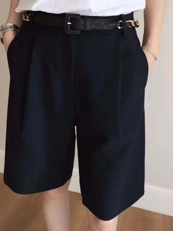 Summer Thin Ice Silk High Waist Five-Quarter Tailored orts Women's Loose Straight Leg Wide Leg Pants Hong Kong Sle Mid-Le...
