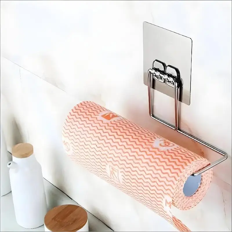 Stainless steel storage hook kitchen wall mounted tissue holder, plastic packaging, non perforated dishwashing cloth