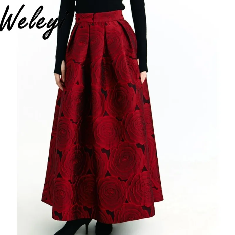 

Three-dimensional Rose Jacquard Red Tutu Skirt Ladies Autumn and Winter New Retro High-waisted Extended Long Skirts for Women