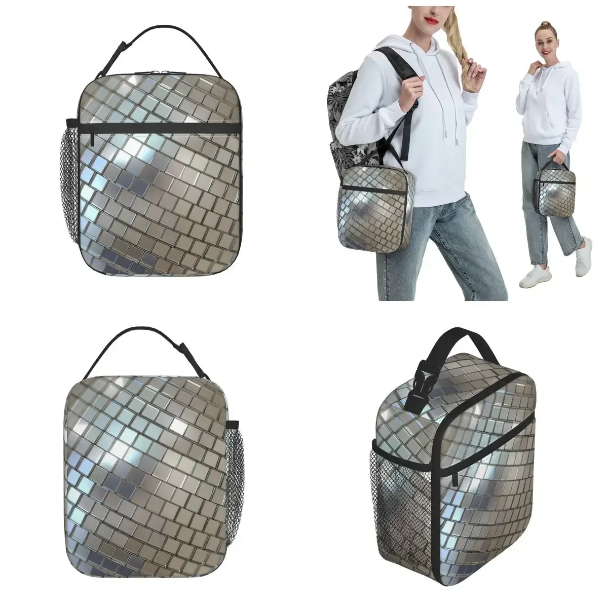 Shiny Silver Disco Ball Pattern Insulated Lunch Bag Retro 70s Food Bag Reusable Cooler Thermal Lunch Boxes For Work