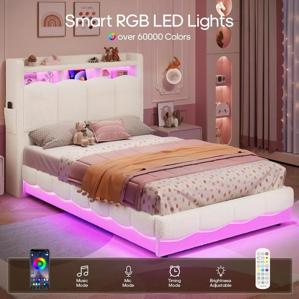 إطار سرير مزدوج للتخزين مع لوح أمامي ومنصة منجدة هيدروليكية وأضواء LED ومحطة شحن باللون البيج #4