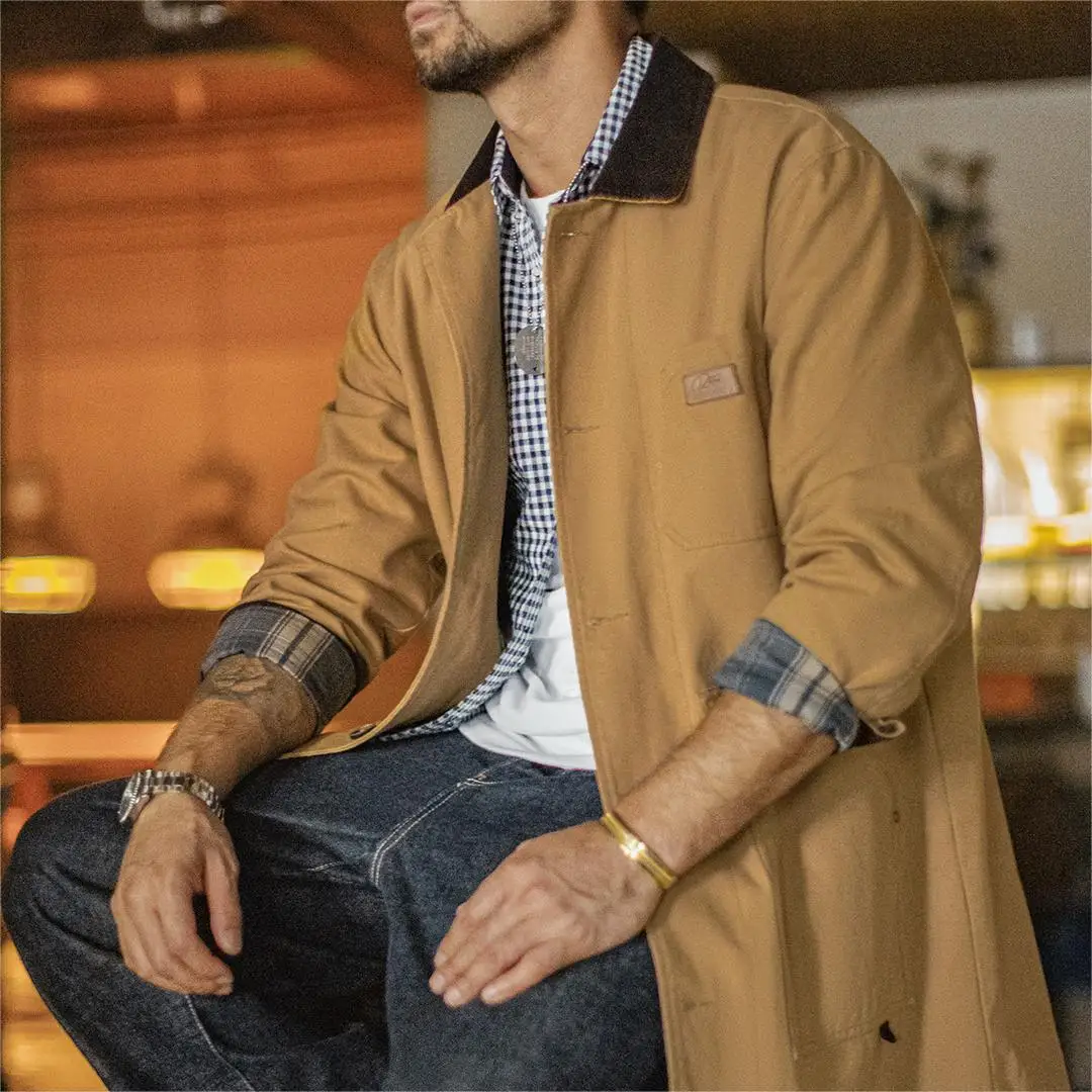 

Maden Men's Vintage Michigan Jacket Khaki Mid-Length Trench Coat Heavyweight Barn-Style Windbreak for Spring Fall Commuter