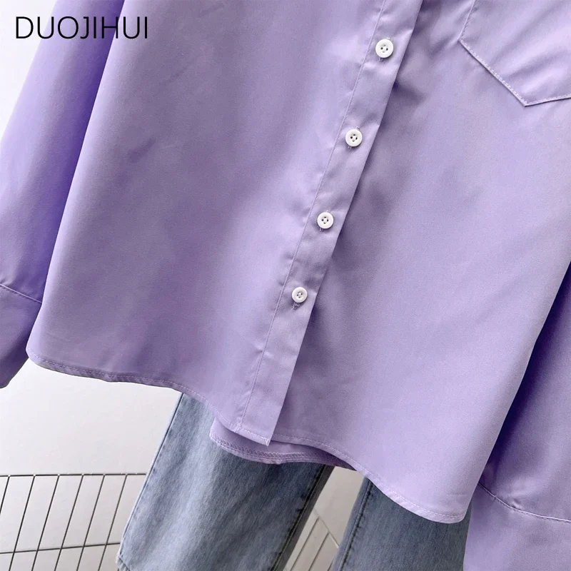 DUOJIHUI Purple Chic Polo Neck Loose Pocket Women Shirt Spring New Basic Long Sleeve Simple Pure Color Fashion S-XL Female Shirt