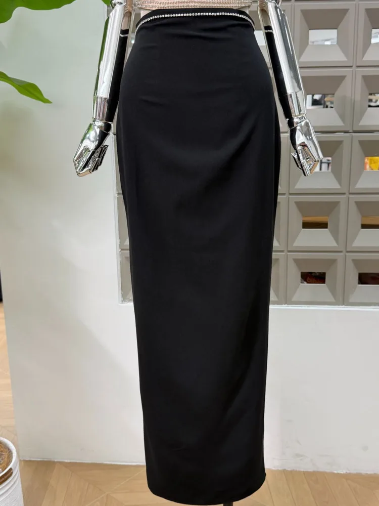 DFDG المرأة 2025 الربيع الصيف عارية فاخرة كريستال سلسلة فستان الرسن انقطاع Bodycon تنّورة مجسّمة تصميم فريد مساء فستان