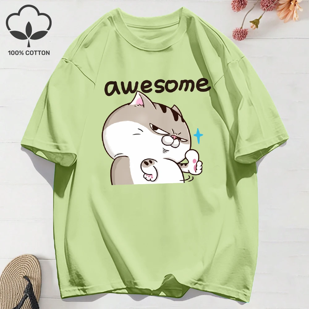 Women T-Shirt Cotton Summer Fat Cat Speak Awesome Print Short Sleeve Loose O-Neck Soft Comfortable Tops All-Match Woman Clothes