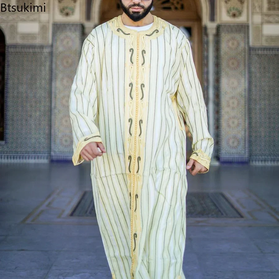 2025 Men Muslim Jubba Thobe Patchwork Striped V Neck Long Sleeve Caftan Dubai Robe Vintage Islamic Arabic Men Kaftan Men's Gift