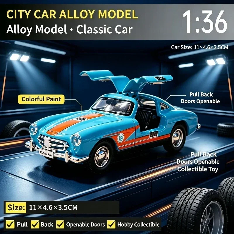 Alloy Car Model 1:36 Scale Classic Vintage Vehicle, Diecast Pull-Back Replica With Gull Wing Doors, Fine Retro Details, Desktop