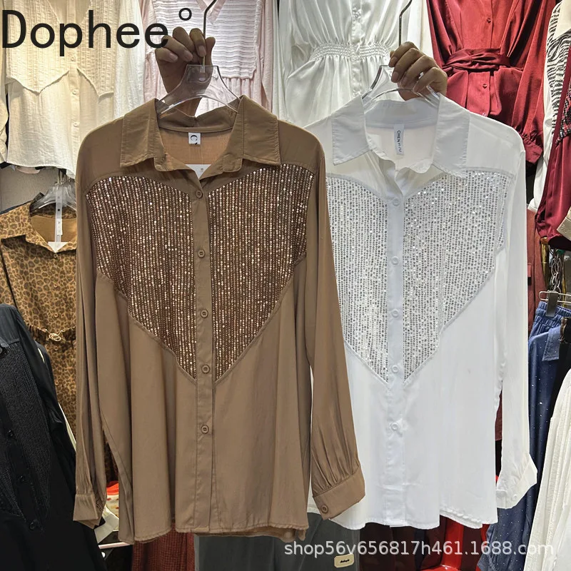 

2025 New Autumn Fashion Long Sleeve Women Blouses Shiny Embroidery Sequins Loose Cardigans Top All-match Casual Female Shirts