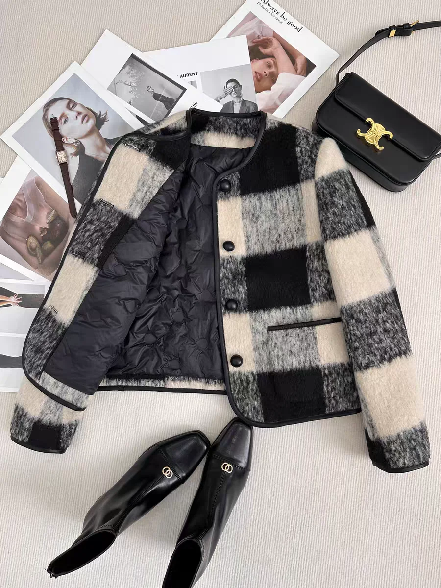 

Модное стеганое шерстяное короткое пальто для женщин, маленькое, в стиле французского утильного пуховика, осенне-зимнее, теплое, с круглым вырезом, на пуговицах