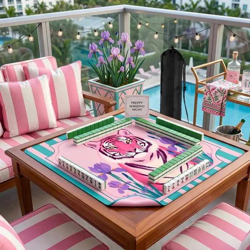 VIKAMA Pink Iris Tiger Vacation Mahjong Mat Waterproof Wear Resistant Outdoor Terrace American Mahjong Table Pad Non Slip