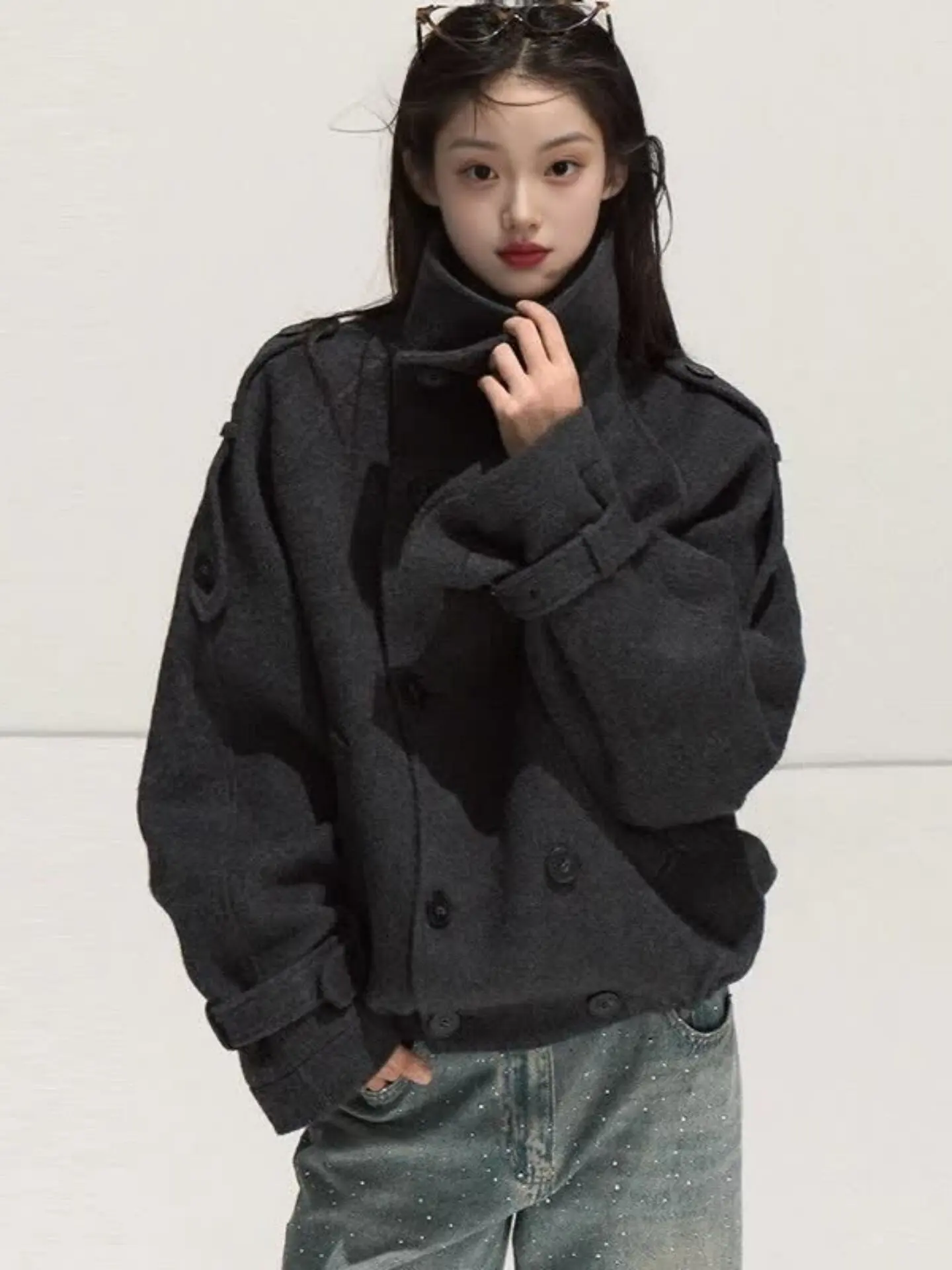Grey Woolen Coat for Women 2026 New Winter Clothing 70% wool Thickened Stand-up Collar Cashmere Wool Woolen Coat