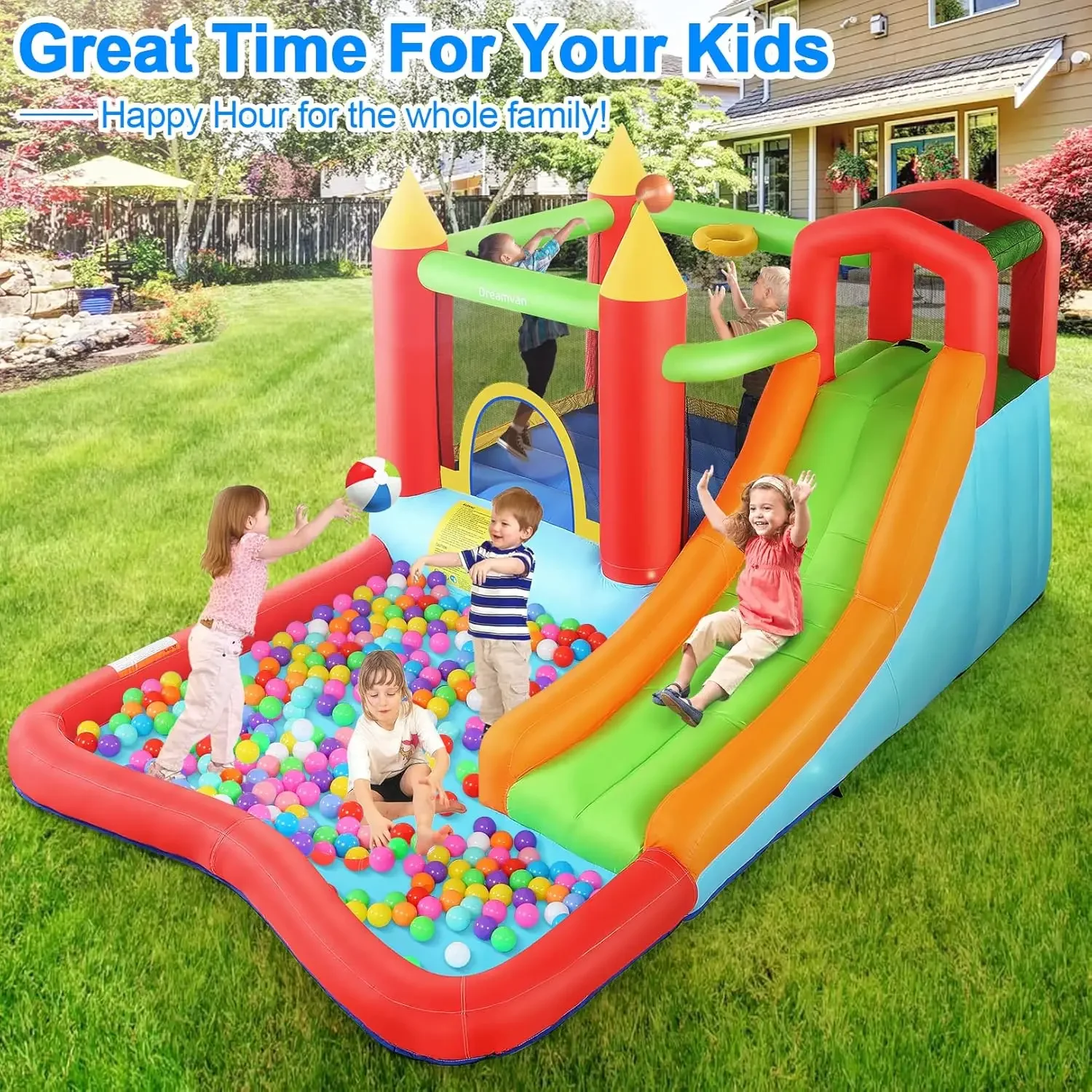 House,Inflatable Bounce Castle with Blower for Kids 3-12,Outdoor/Indoor Bouncy House Water Park for Backyard with Splash