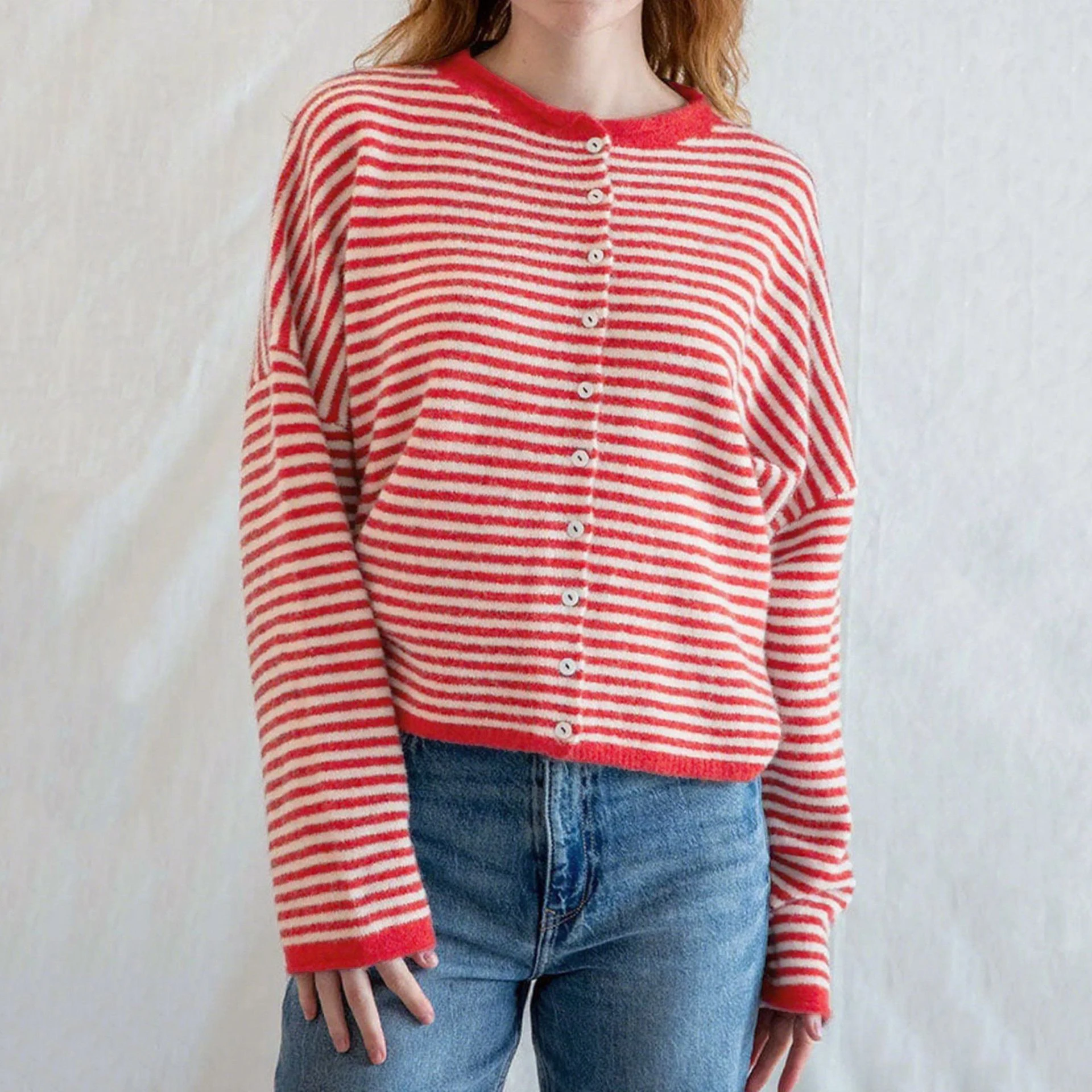 Mode Gestrickte Stripped Strickjacke Frauen Herbst Casual Pullover Einreiher Rundhals Dame Kurze Strickjacke Weibliche Strickwaren Top