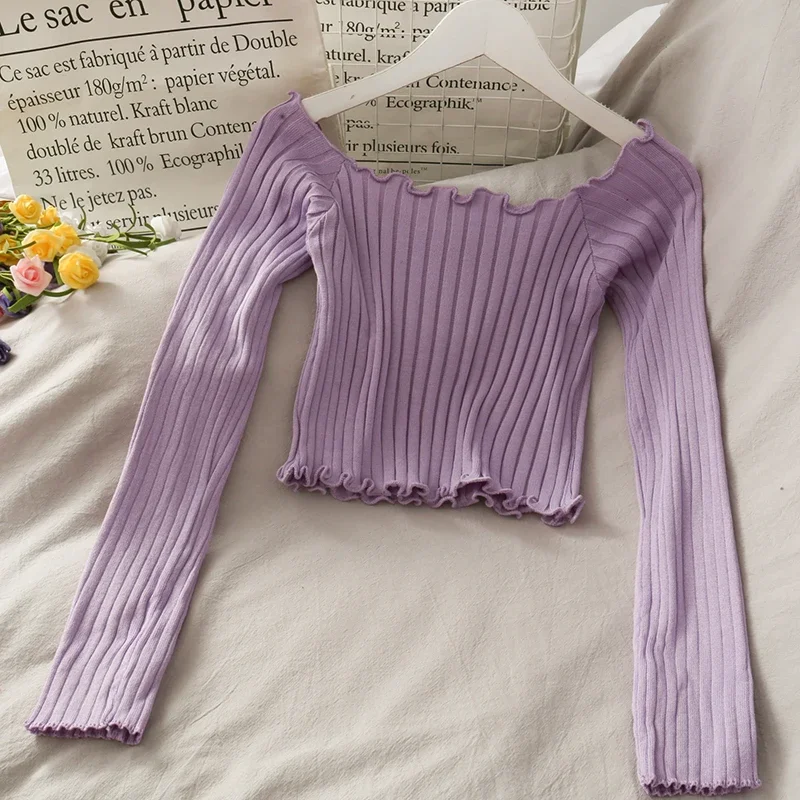 Pearl Diary Women Knitted Crop Tops Long Sleeve Off Shoulder Slim Fit Tops Lettuce Edge Rib Knitting Casual Going Out Sweet Top