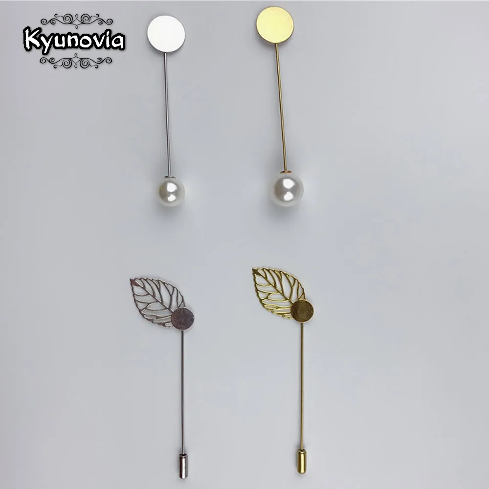 Kyunovia 10pcs DIY Boutonnieres Lapel Long Brooch Pin Pearl Lapel Dress Jewelry Making Accessories Base Blank Tray Brooches D147