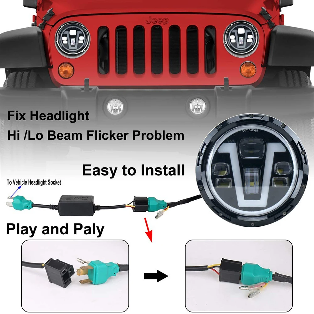 2pcs H4 Wiring Anti Flicker Harness Error Free Decoders Fit 7 Inch H4 LED Car Headlight For Jeep Wrangler JK TJ