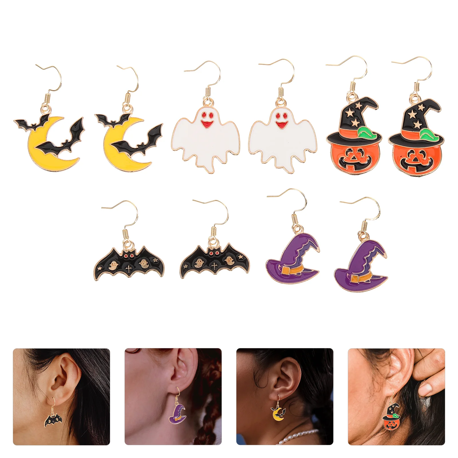 1 Set 5 Pairs Halloween Earrings Pumpkin Spider Ghost Bat Earring (Orange White) Spider Earrings Bat Earrings