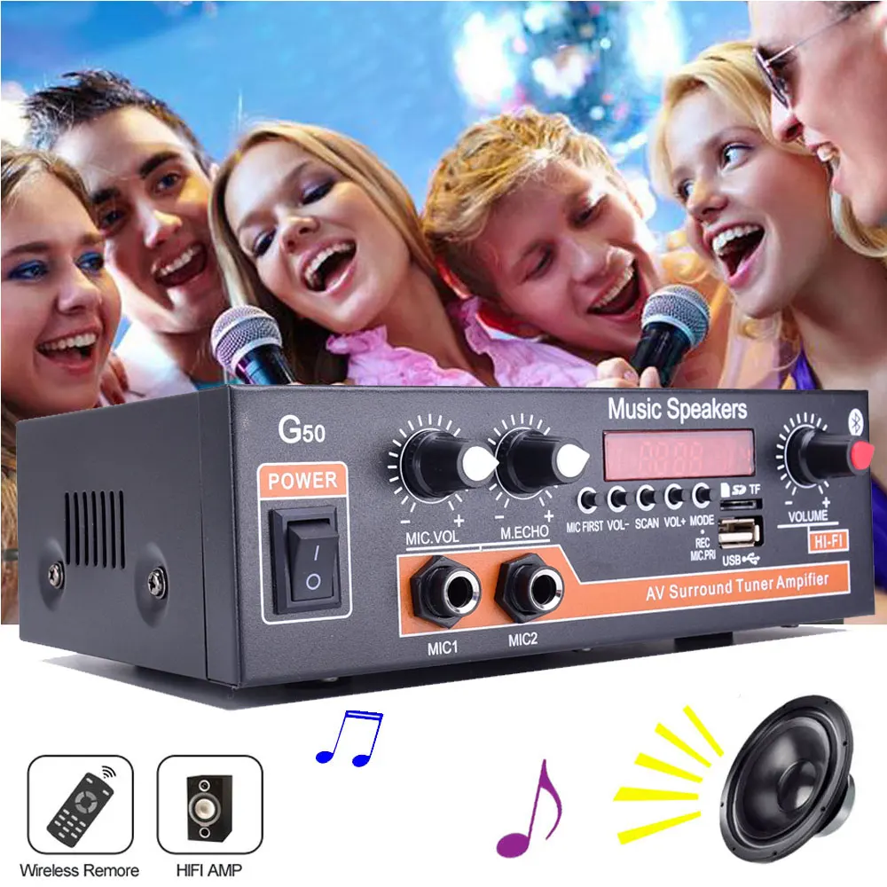 Imagem -02 - Woopker Amplificador de Áudio em Casa Bluetooth 5.0 Canal 2.0 Mixer para Karaoke com Usb tf Rca fm Mic Entrada Hifi Amp Som 45w Mais 45w