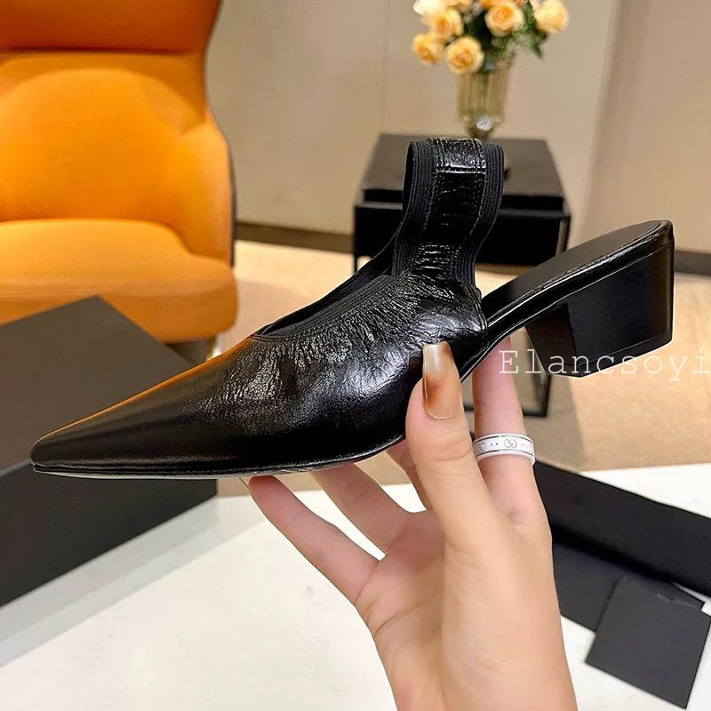 2024 Spring Pointed Genuine Leather High Heels Women Exposed Heels Elastic Bands Roman Sandals Versatile Daily Commuting Shoes