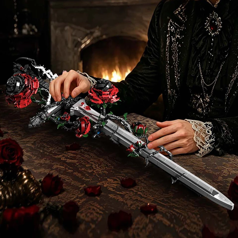 Black Thorn Sword Rose Building Blocks Gothic Style High Difficulty Assembly Model Creative Ornament Dark Style Gift