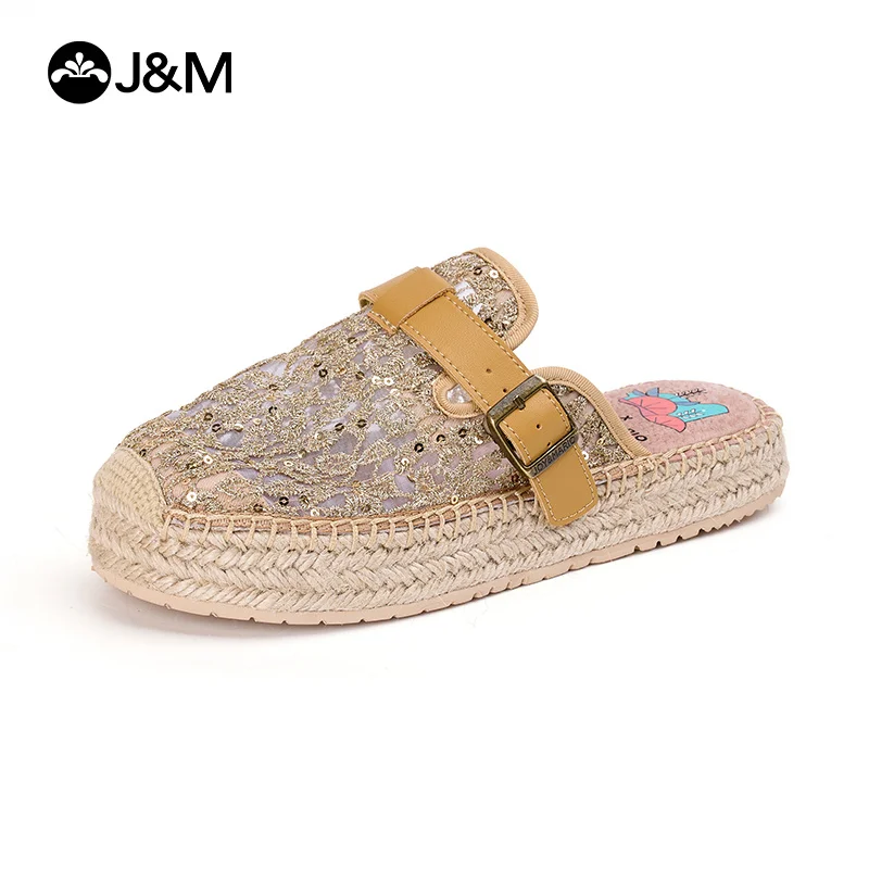 

J&M Women Slides Fashion Lace Flower Fisherman Shoes Espadrilles Summer Straw Slippers Platform Beach Sandals Casual Mesh Mules