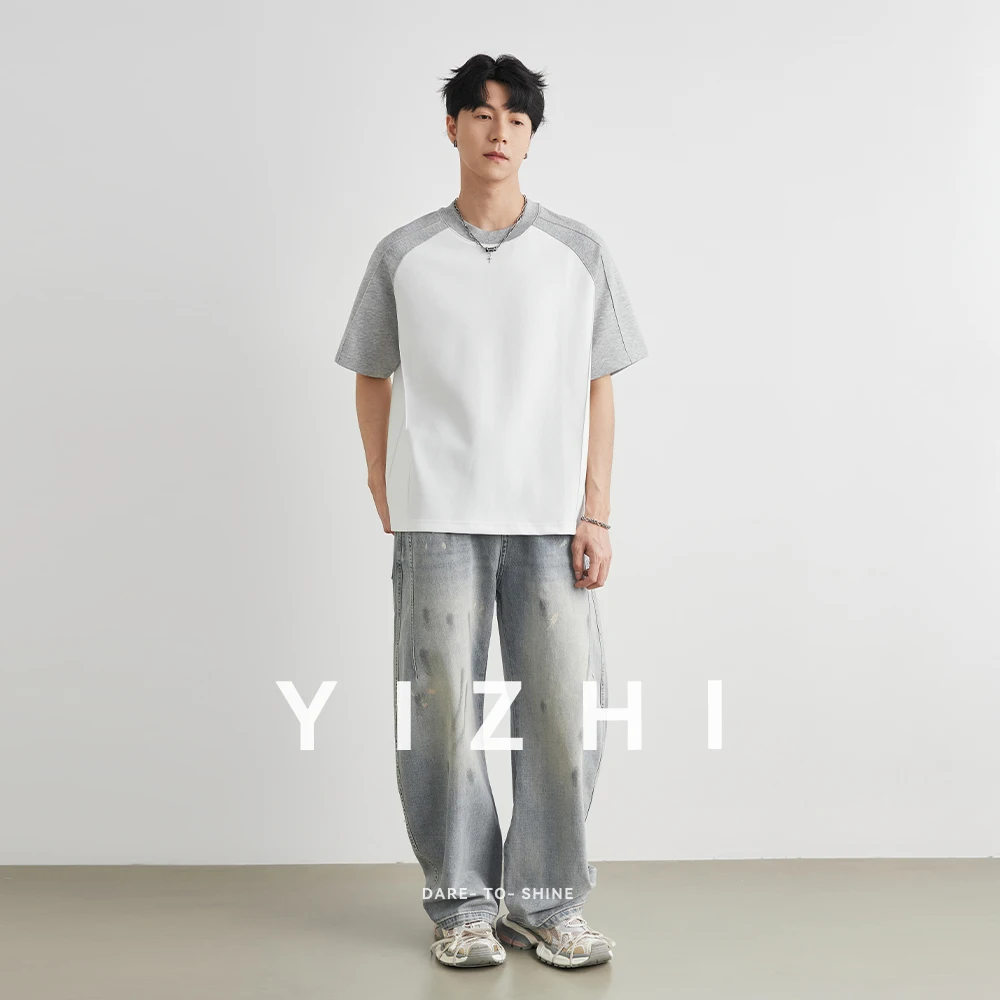 Men's Color Block Raglan Sleeve T-Shirt 2026 Summer Textured Loose Casual Versatile City Boy Style Top