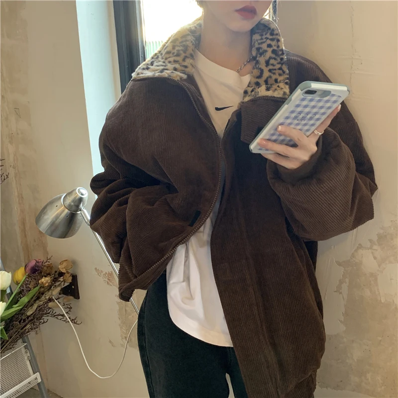 Cool Girl Coat New Winter Leopard Print Stitching Women\'s Coat Corduroy Warmth Loose Casual Women\'s Coat Elegant Tops Streetwear