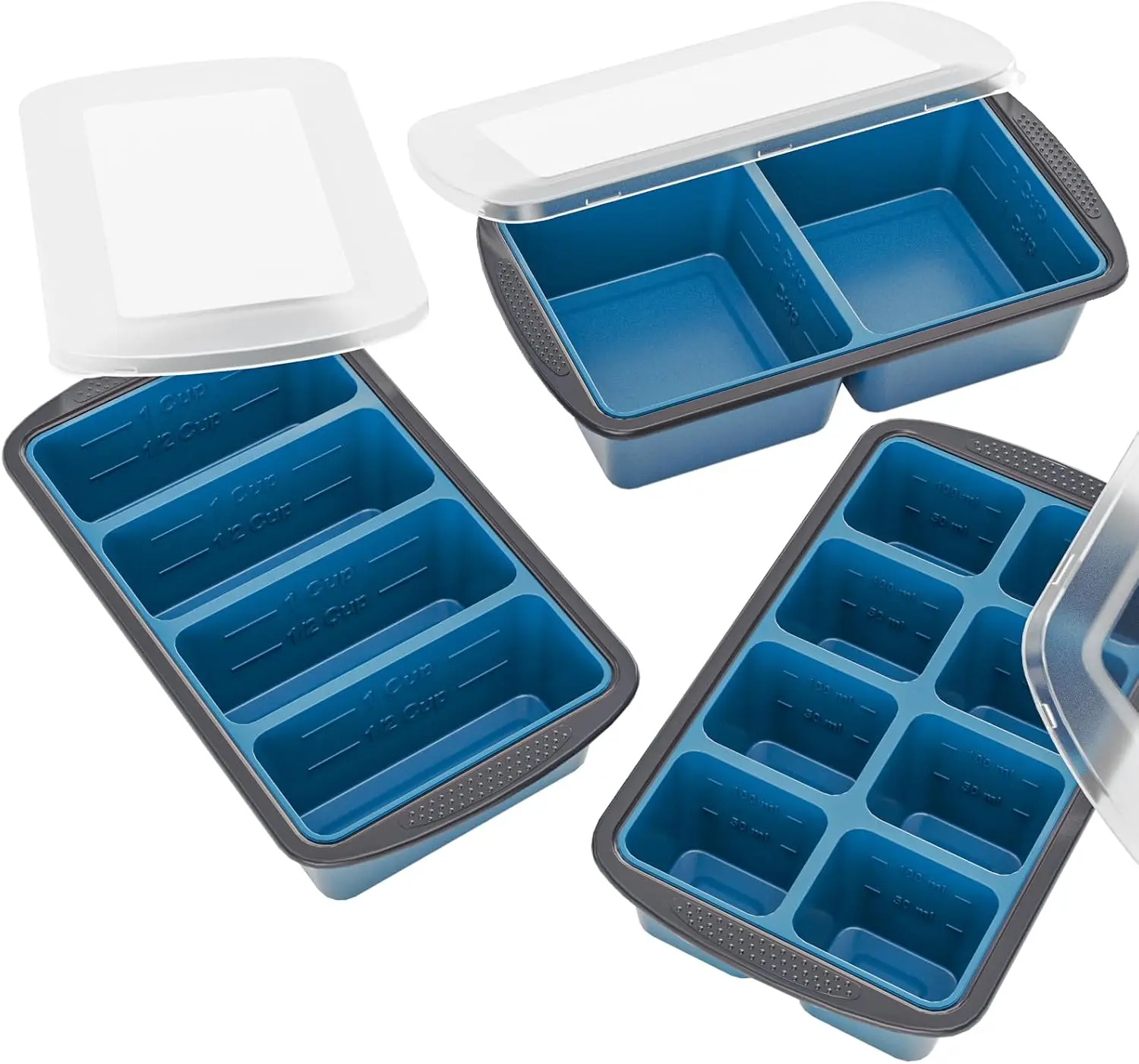 Silicone Soup Freezer Trays with Lids - 3 Pack, ½ cup, 1 cup, 2 cup - Perfect Portion Control for Broth, Sauce & Meal Prep, 100% Platinum Silicone BPA-Free, Flexible, Dishwasher Safe