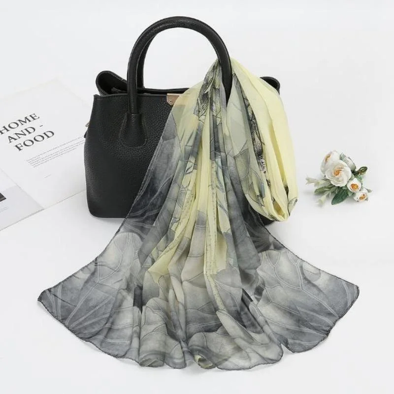 Four Seasons Chiffon Print Colorful Lotus Scarf Shawl Ultra-thin Sun Protection Travel Vacation Beach Scarf Accessories