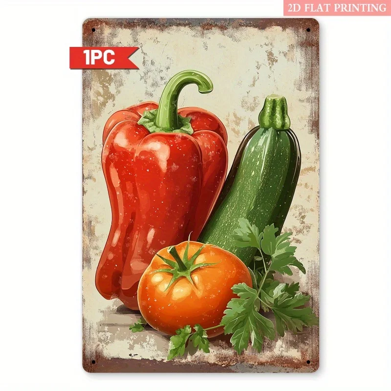 2D Flat, 1pc Rustic Garden Vegetable Metal Wall Decor - 8x12 Inch Iron Summer Harvest Sign with Bell Peppers, Zucchini, Tomatoes