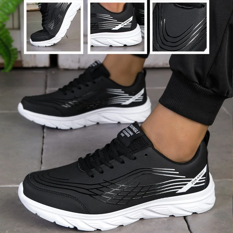 Men Waterproof Leather Running Sneakers Light Weight Shock Absorption Lace‑up Sport Footwear for Fitness Travel Daily Casual