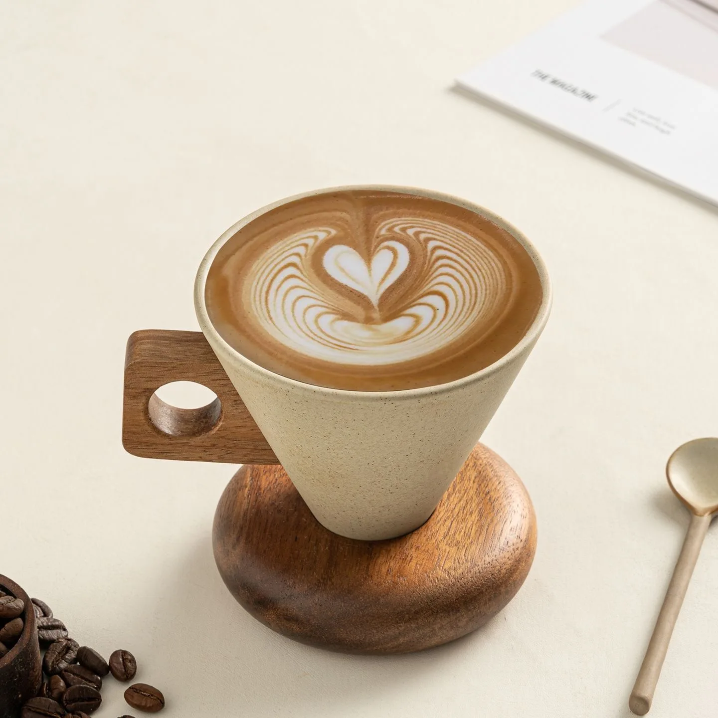 250ML Ceramic Cup Solid Wood Base Sweet Tube Cup Shaped Solid Wood  Handle Coffee Set Home Office Personal Decoration