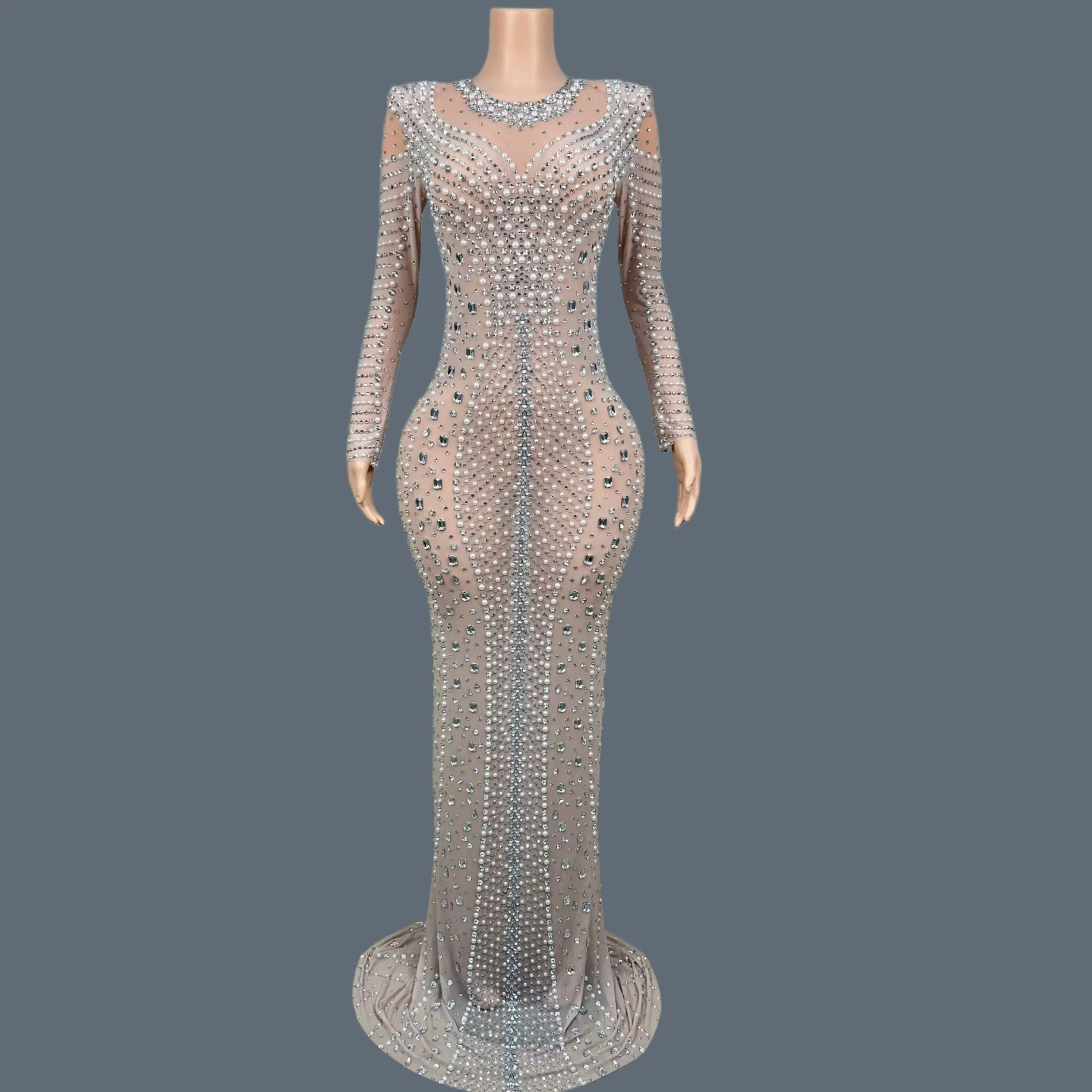 

Sparkly Pearl Rhinestone See Through Mesh Long Dress Sexy Mermaid Maxi Dress Formal Evening Gown Club Show Stage Costume Baiyu