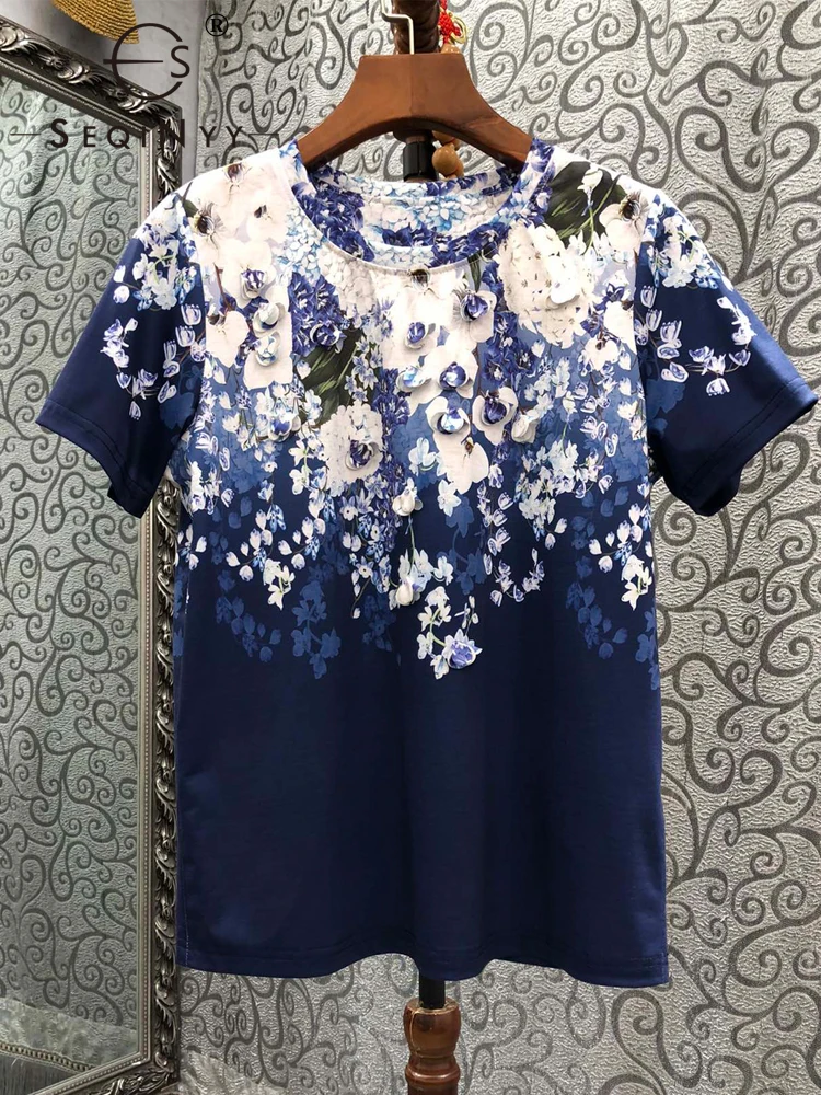 SEQINYY Blue T-Shirt Summer Spring New Fashion Design Women Runway High Quality Beading Appliques Flowers Vintage Print Top