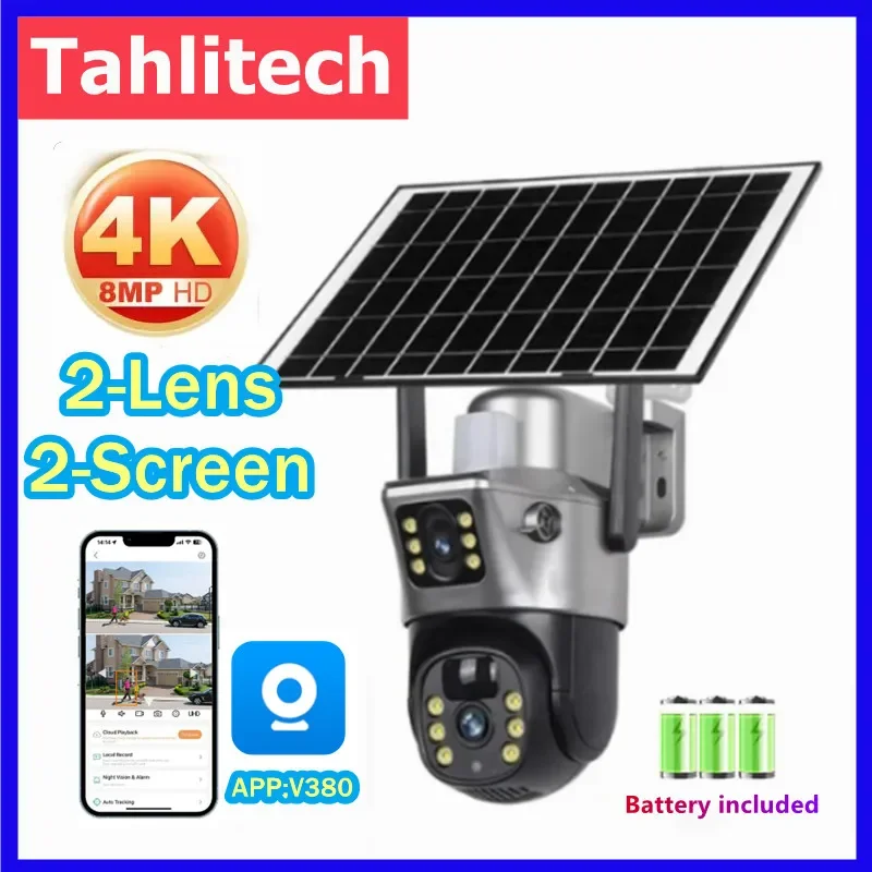 

Tahlitech Solar Camera 4G Sim Outdoor Dual Lens WiFi 8MP 4K IP Camara Solar Panel CCTV Security Built in Battery PIR Cam V380