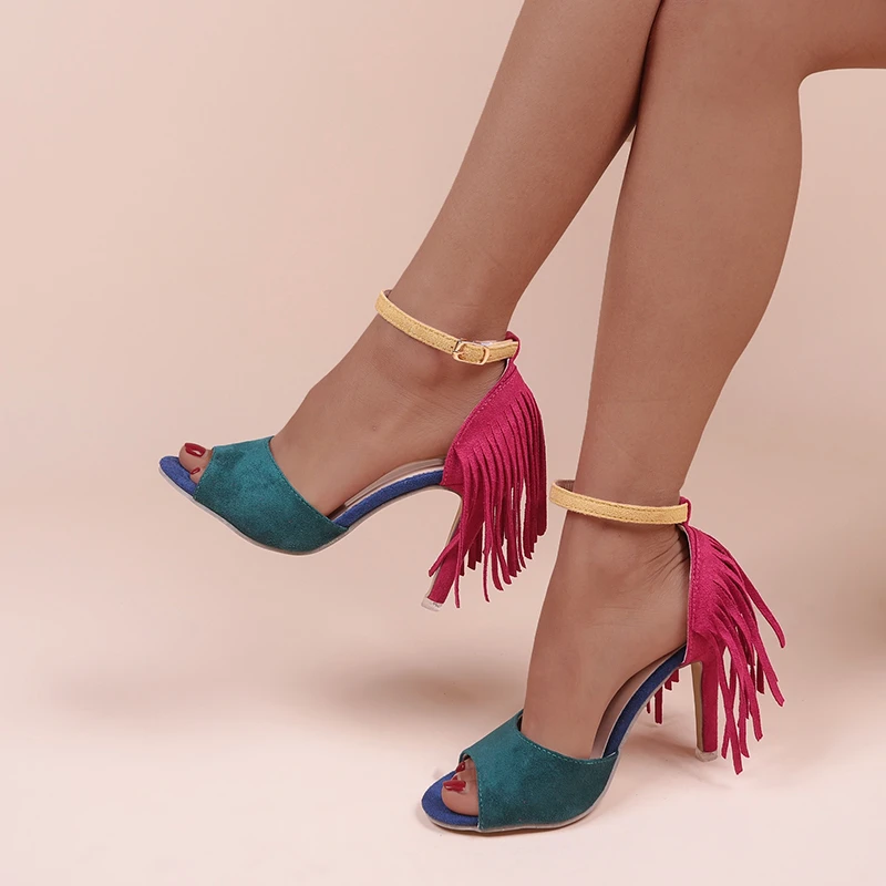 

Tassel Buckle Casual Style Shoes Summer Women Sandals High Heel Colorblock Fish Mouth SandáLias Femininas mary jane shoes