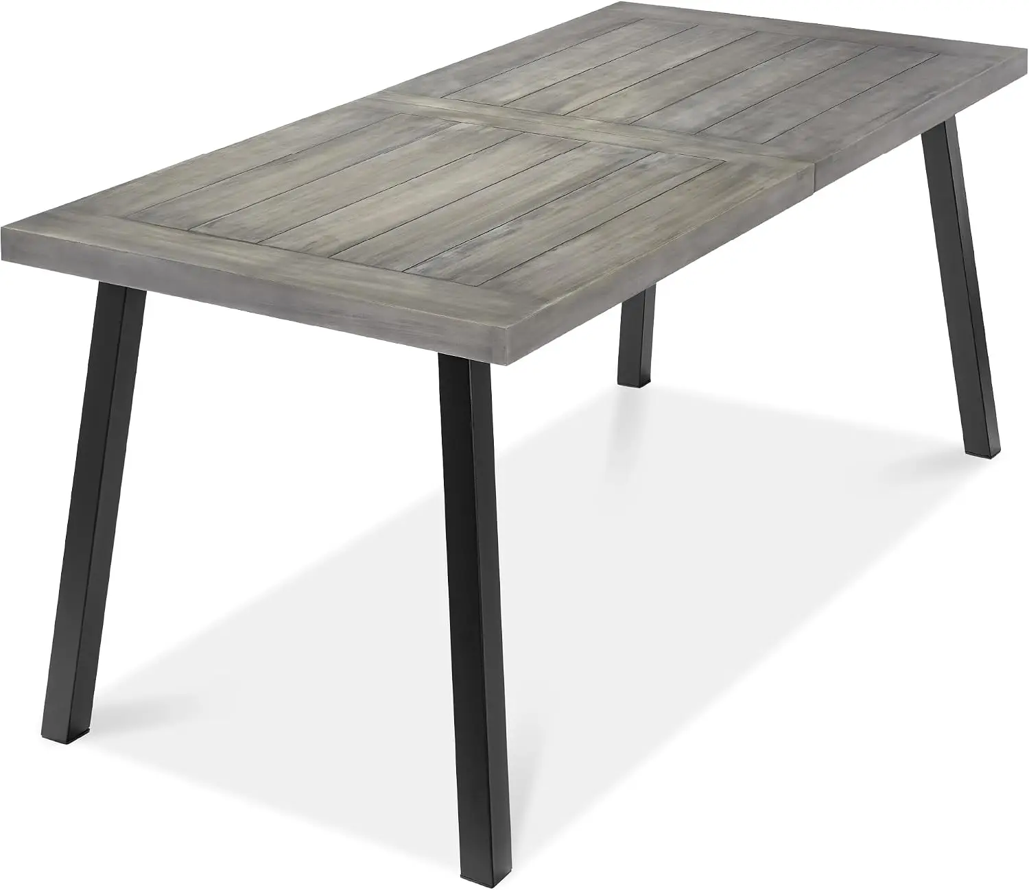 Acacia Wood Dining Table, Rectangular Meal Desk For Indoor Outdoor Patio Lawn Garden, Powder Coated Steel Frame Heavy Duty Support Sturdy Legs, Modern Rustic Style, Weathered Gray, Single Unit