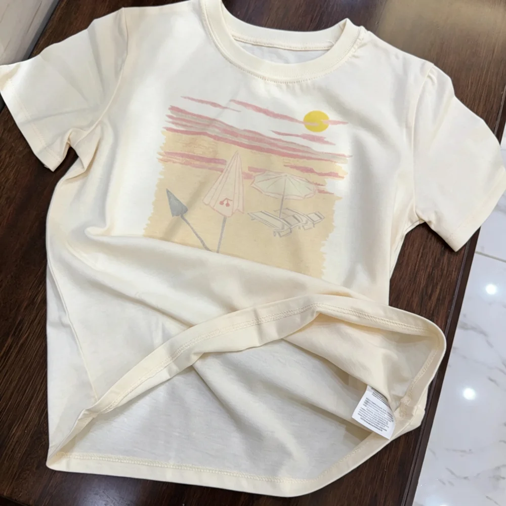 baby tops kids tees Beach Sunset Printed T-shirt Summer Boys and Girls' Cotton Comfortable and Breathable T-shirt