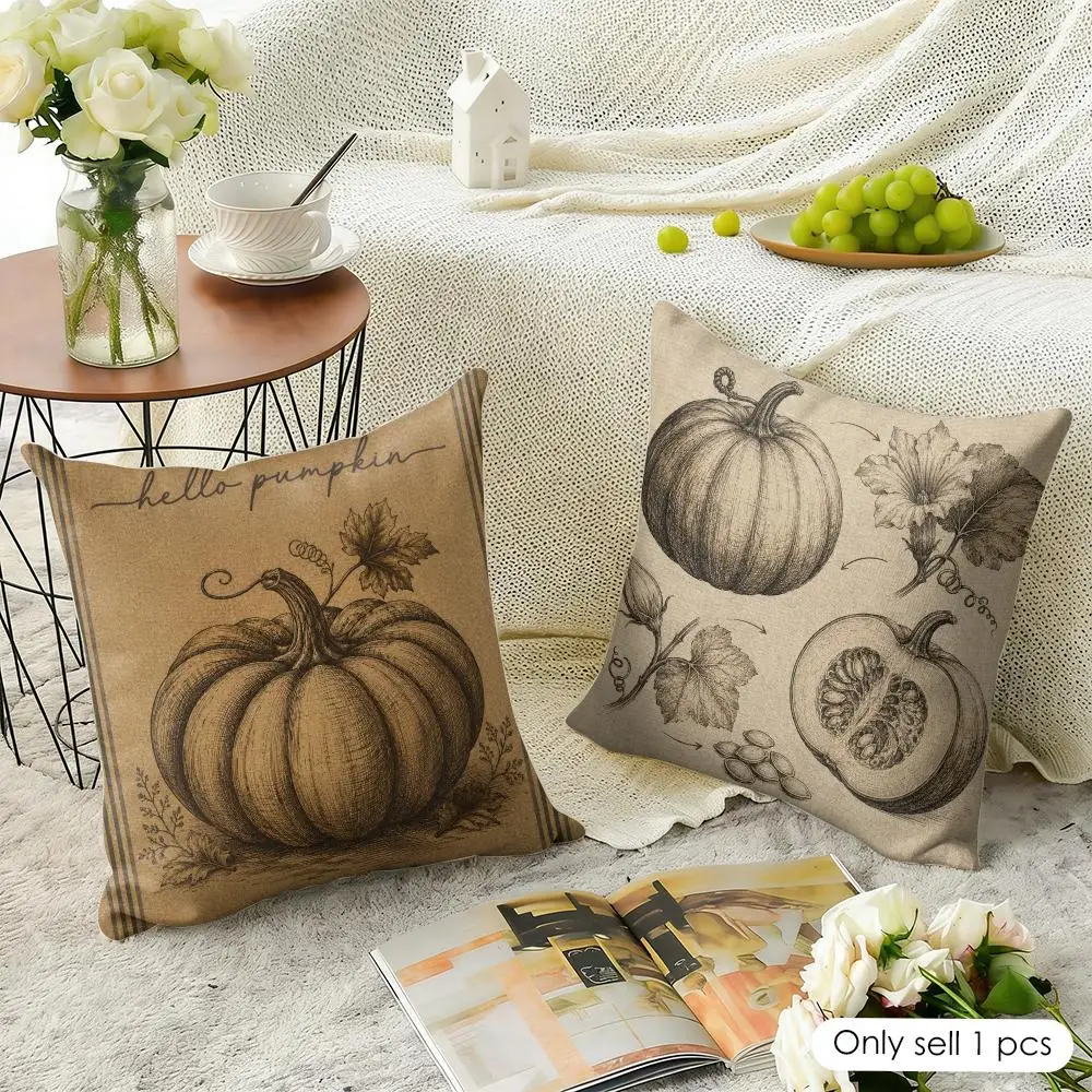 Rustic Pumpkin Sketch Cushion Cover Linen Throw Soft Decorative  for Bed Sofa Car Home Decor Pillowcase 45x45cm