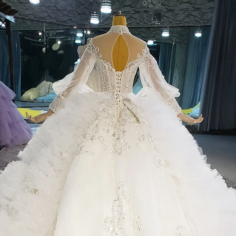 Customized High Neck Crystals Lace Embroidery Puffy Princess Church Bridal Gown Long Sleeves Corset Back Ballgown Wedding Gowns