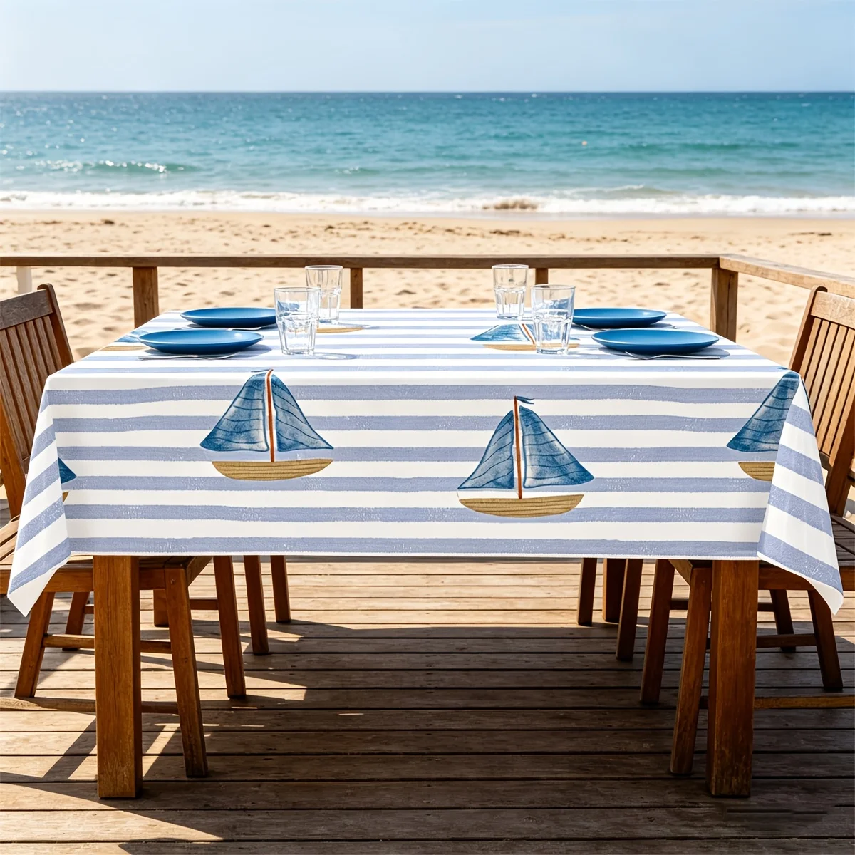 One piece. Nautical style sailboat striped pattern tablecloth for a single rectangular tablecloth. Birthday picnic beach.xzj