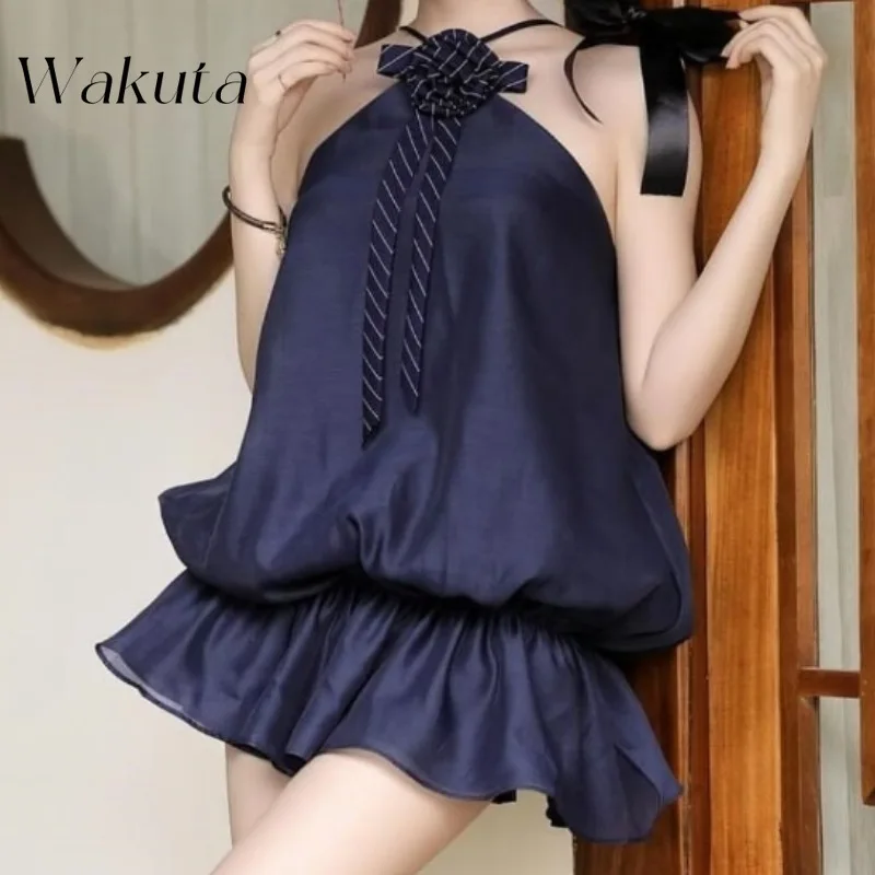 

WAKUTA American Retro Neckline Strapless Mini Robe Ins Sexy Pleated Flower Decorated Dress Slim Short Formal Party Evening Gowns