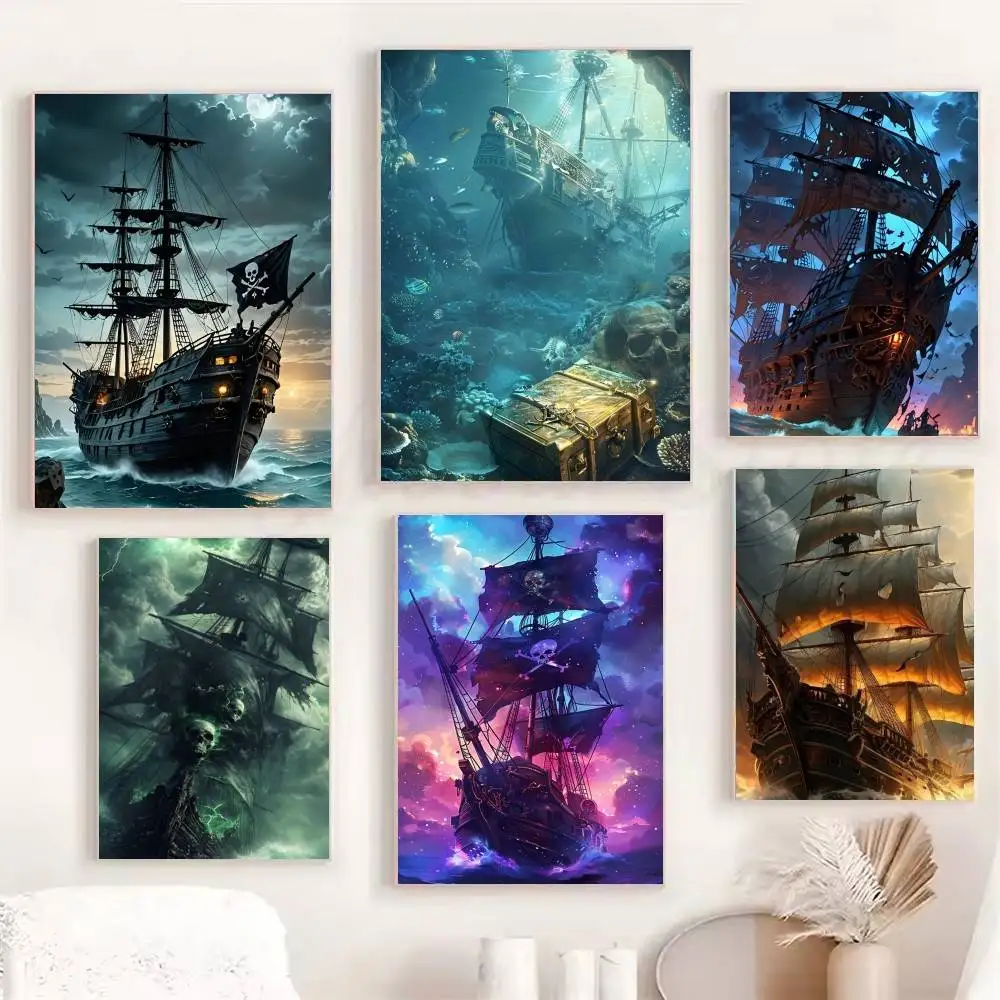 Cool Pirate Ship Black Anime Posters Fancy Wall Sticker for Living Room Bar Decoration Wall Decor