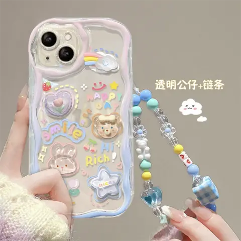 귀여운 3D 곰 인형 행잉 체인 케이스, 삼성 갤럭시 S25 S24 울트라 S23 FE S22 S21 플러스 A55 A35 A34 커버, 실리콘 한국 웨이브